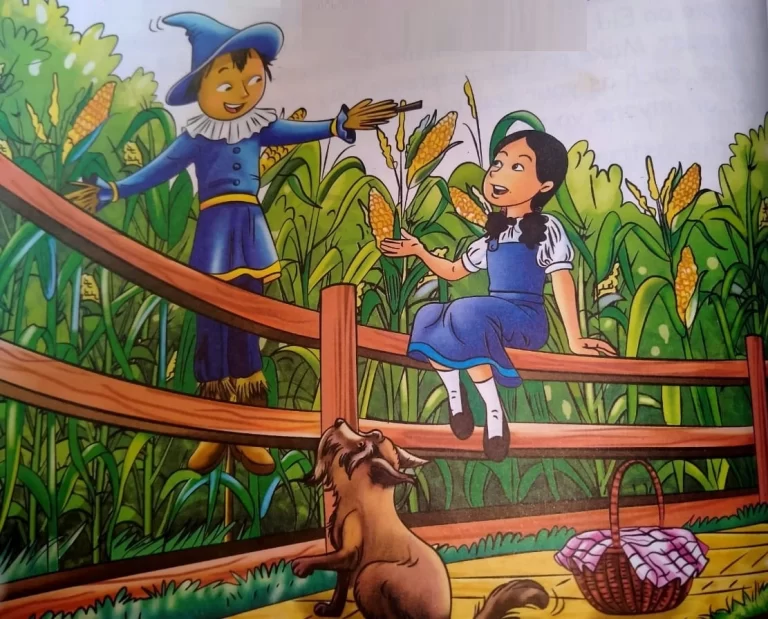 The scarecrow helps Dorothy by carrying her basket.